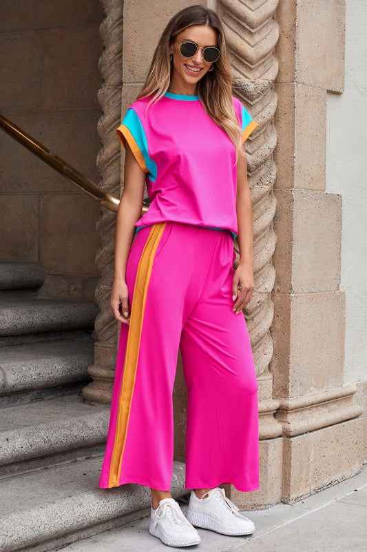 Colorblock Cap Sleeve Tee and Pants Set b88cbaa1-80d7-4780-b77a-5af8ffc6d7e0