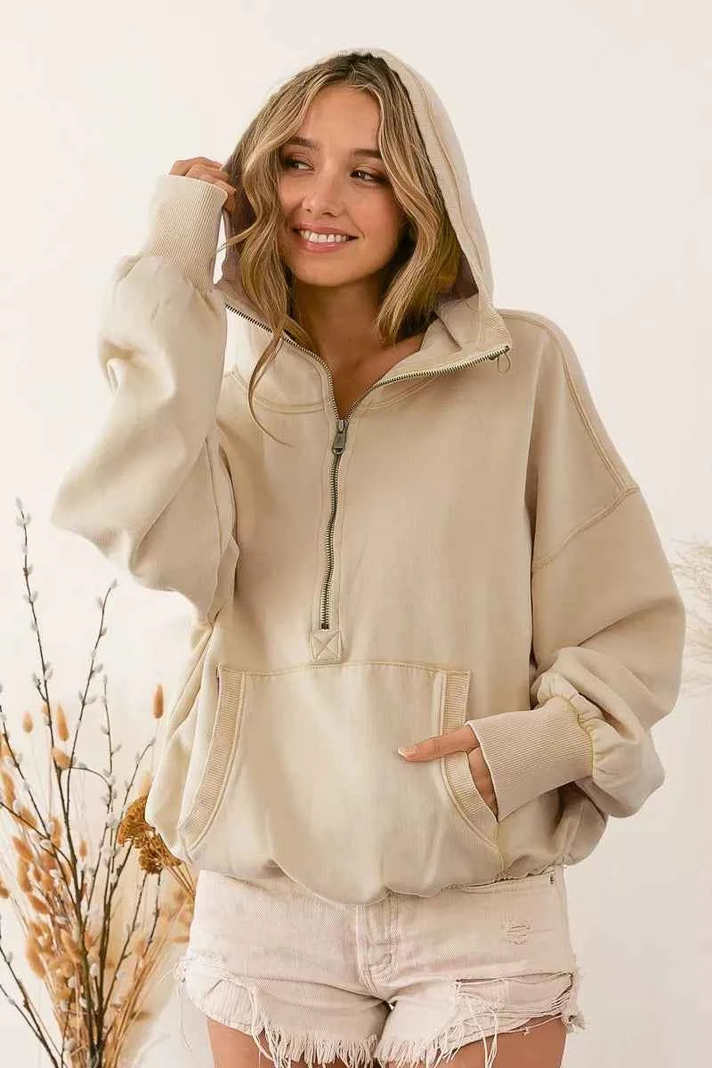 BiBi Stitch Detailed Elastic Hem Half Zip Fleece Hoodie OATMEAL b8abc12689f540b088315ad445c0067f-Max-Origin