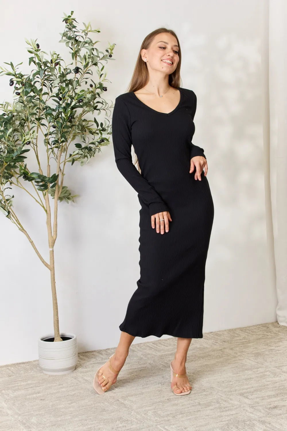 Culture Code Full Size Ribbed Long Sleeve Midi Slit Dress b8b6018db59d45daa3121e3b3686e050-Max