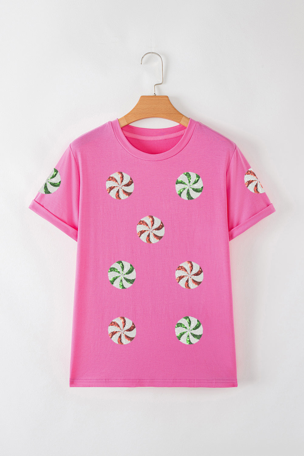Sachet Pink Peppermint Candy Pattern Sequins Patch Christmas Custom T Shirt b8b93278916d861f