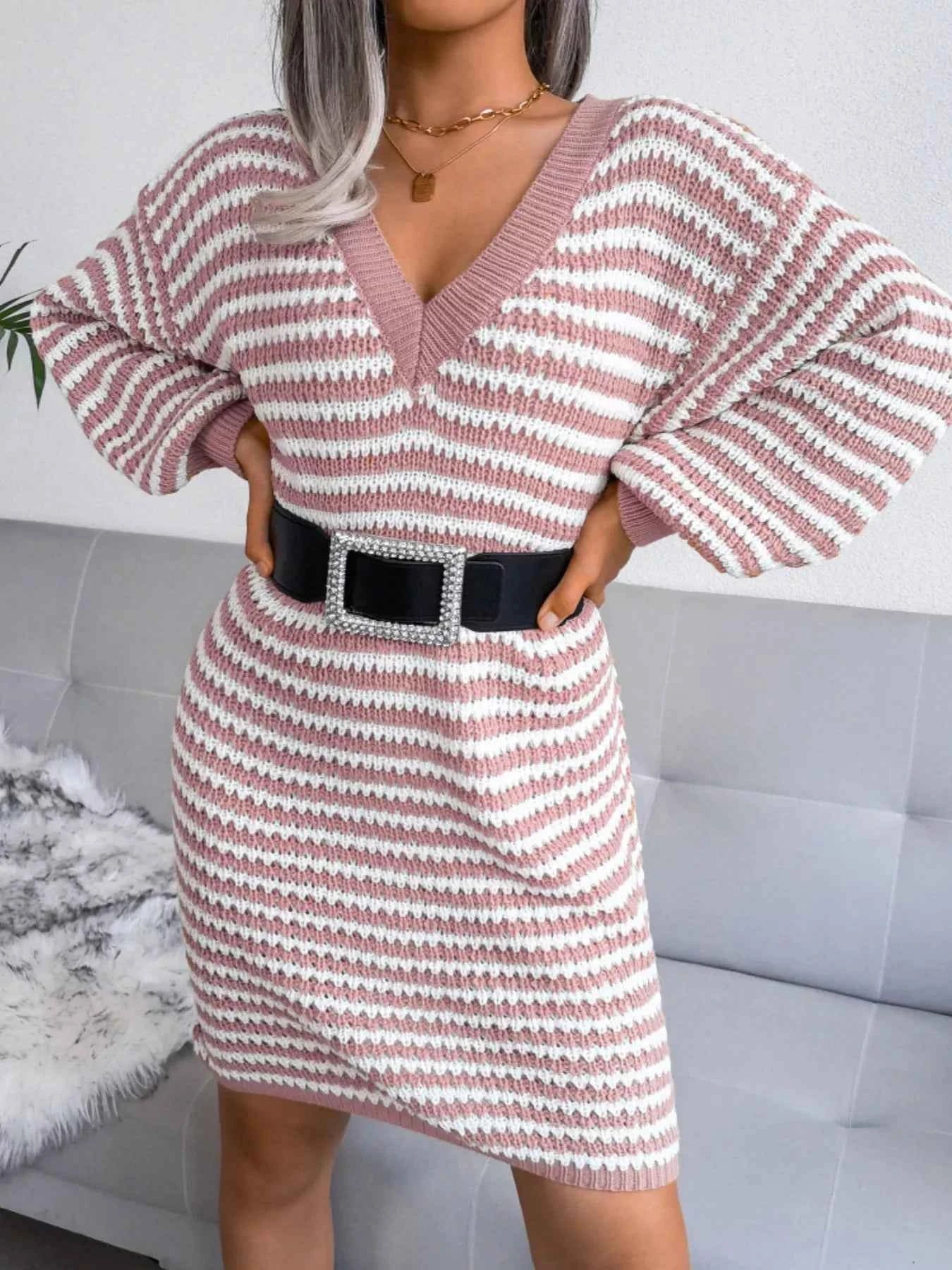 Striped V-Neck Long Sleeve Sweater Dress b9172384-d071-4619-8940-52f5dd065911-Max-Origin