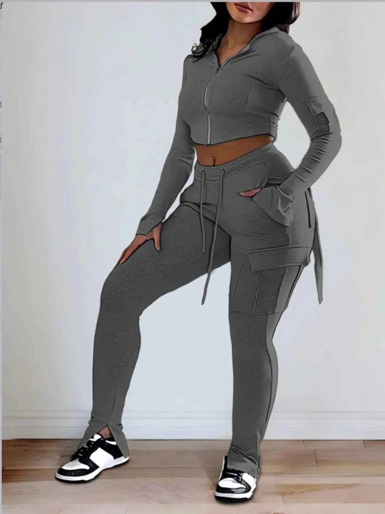 Full Size Zip Up Long Sleeve Hooded Top and Cargo Pants Set Plus Size Dark Gray b95c8569416d4b96b103101f8c573186-Max-Origin