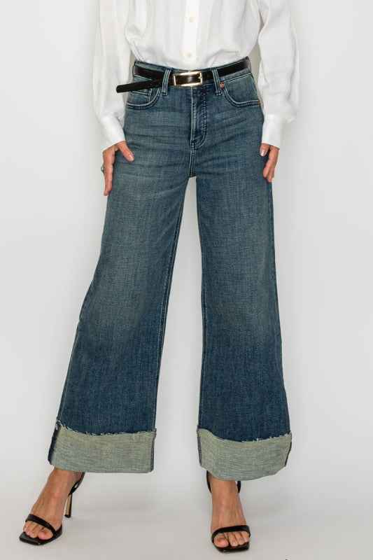 TUMMY CONTROL HIGH RISE CUFFED WIDE LEG JEANS As Shown b96bc020-6a55-43a3-81cb-26081a56a1f3