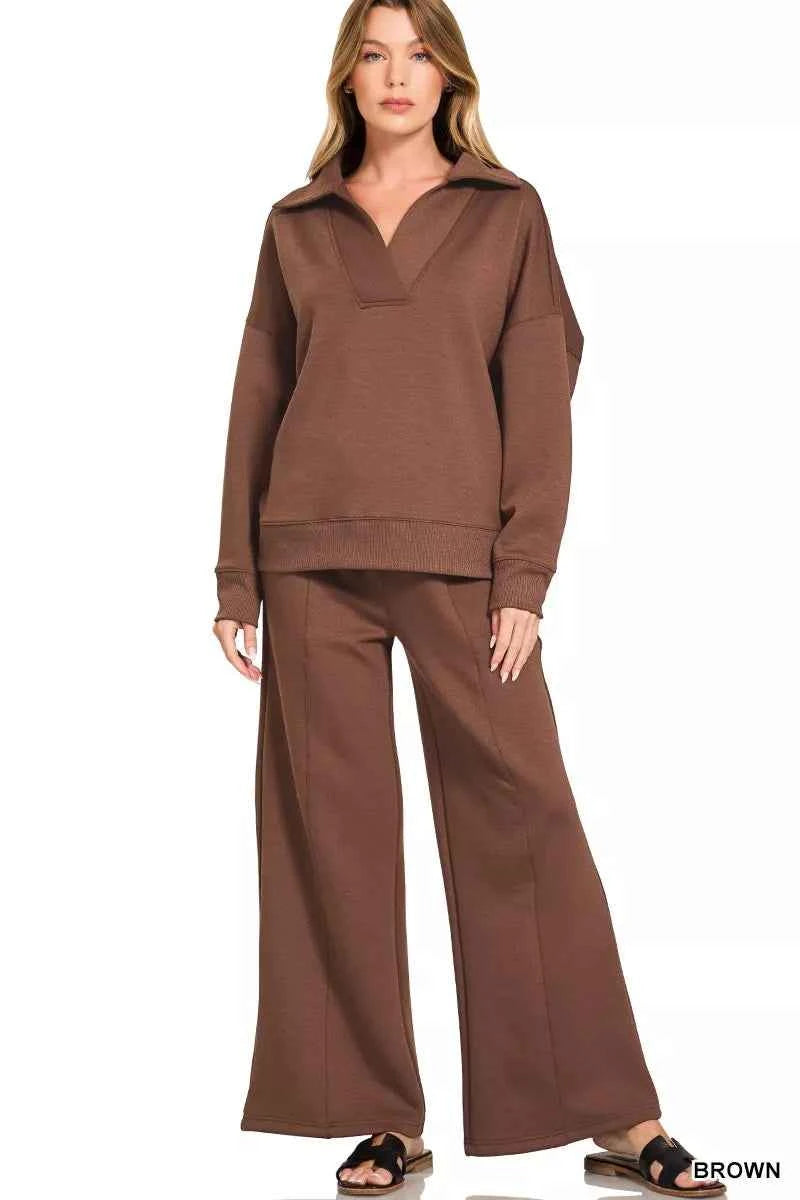 Zenana Scuba Collared Pullover and Pants Set BROWN b97711d80da84ff1aa54420a083f6efd-Max-Origin
