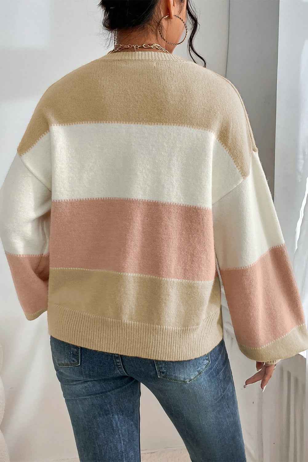Dusty Pink Color Block Lantern Sleeve Drop Shoulder Sweater b97ff291cc1ec84f