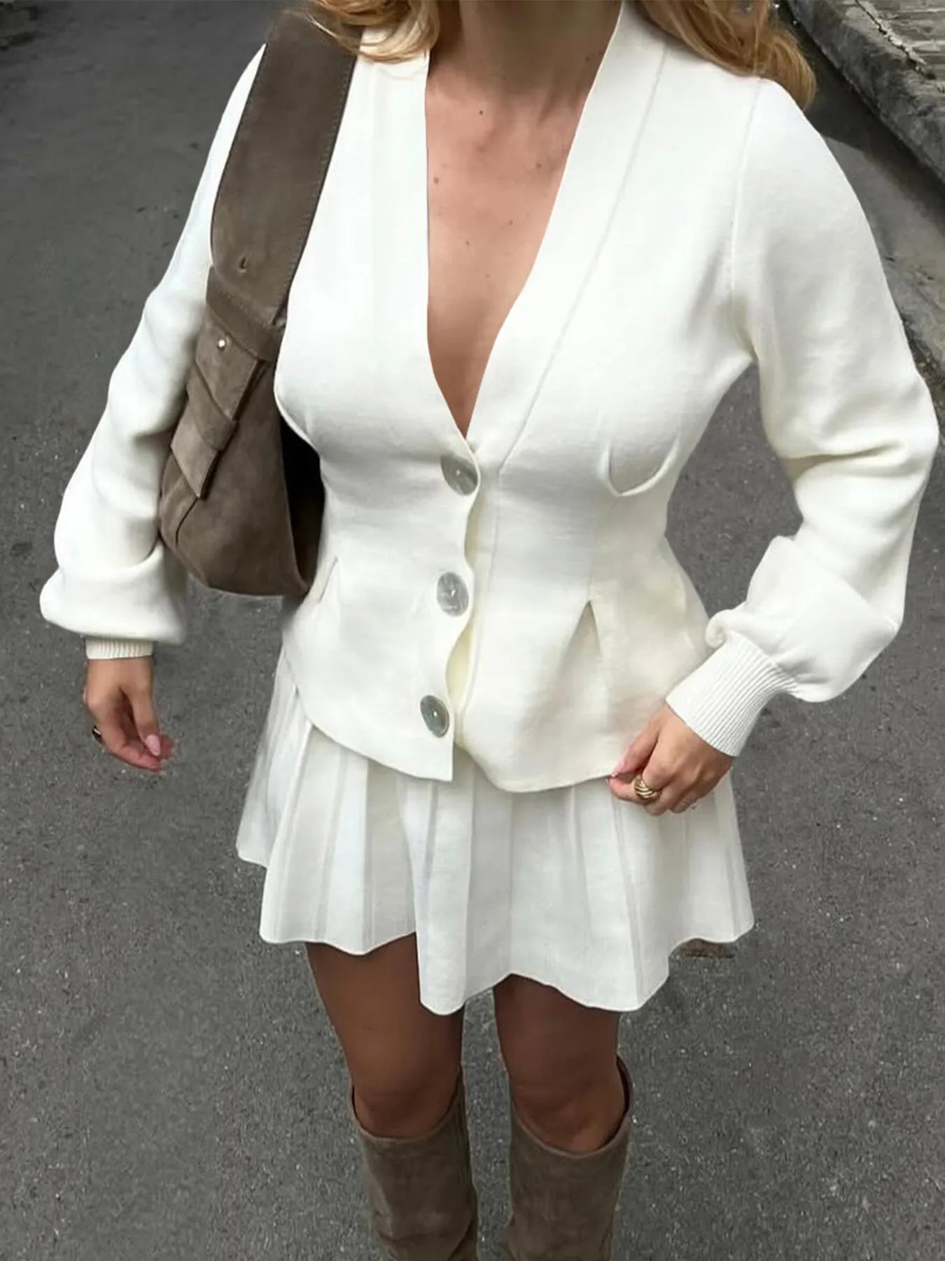 Button-Up V-Neck Knit Cardigan White b98cc377d36e482b973365b15b3f2d39-Max-Origin