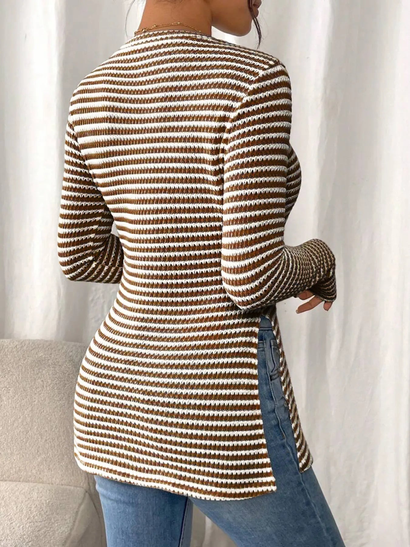 Side Slit Striped Long Sleeve T-Shirt b9d82a643b6c4d4f8295a5cf77b6d1b7-Max-Origin