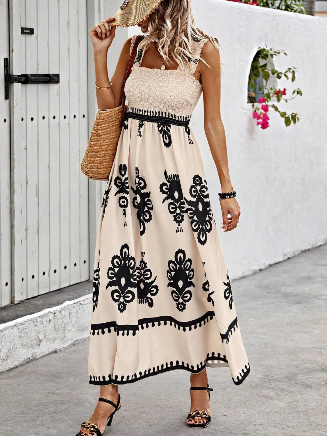 Smocked Printed Wide Strap Maxi Dress Tan b9df7333-f439-439a-b9f5-a921f731a169-Max-Origin