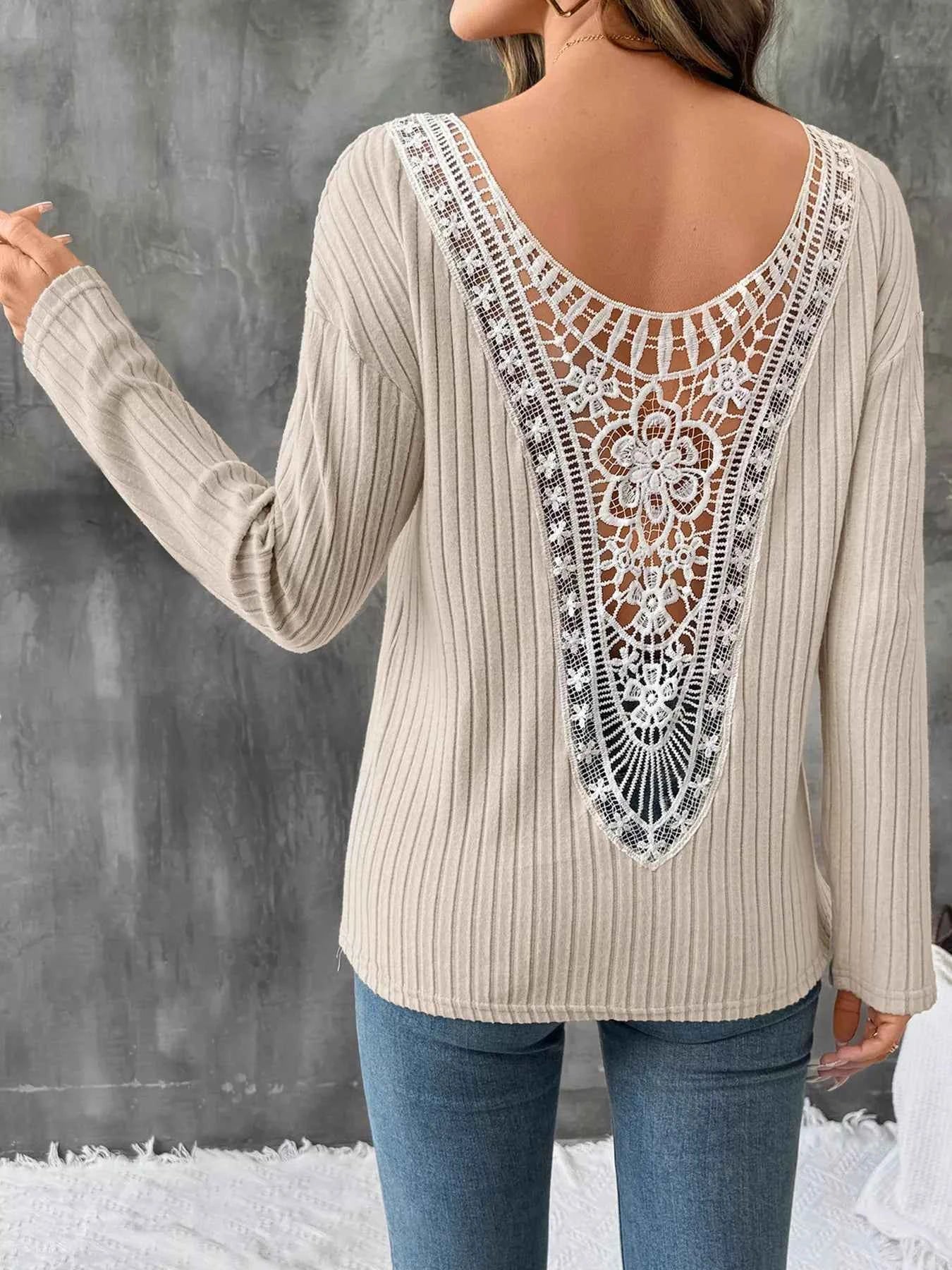 Lace Detail Ribbed Knit Long Sleeve T-Shirt b9f75cc4674c44029307784884c4fc22-Max-Origin