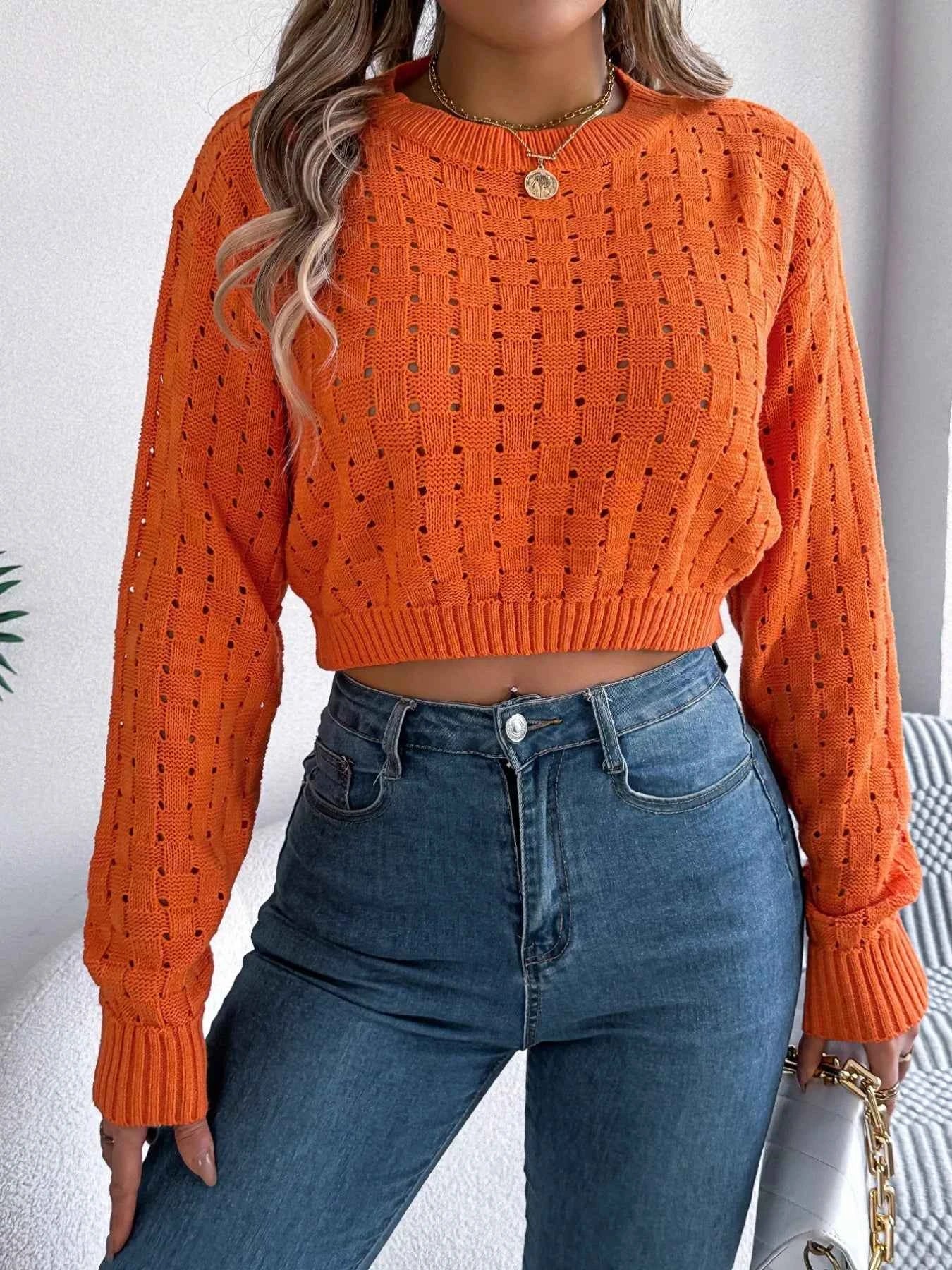Cutout Back Openwork Round Neck Long Sleeve Sweater ba07ad7e-278d-4176-b8a3-4434fc881f78-Max-Origin