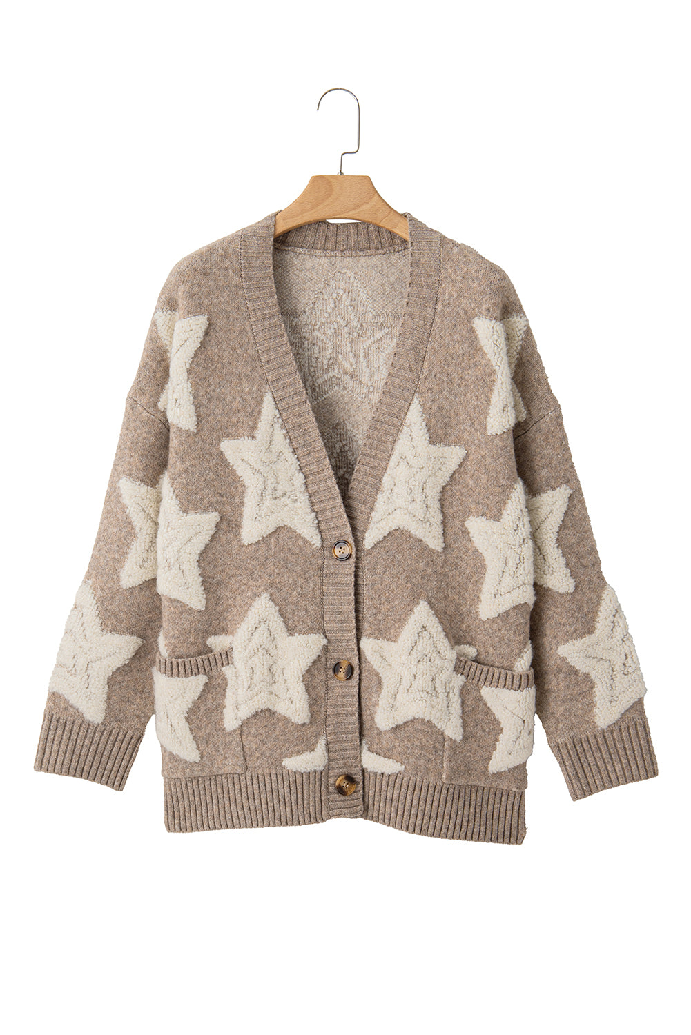 Khaki Star Pattern Pockets Button Front Cardigan Khaki 42%Acrylic+30%Polyester+28%Polyamide ba20d2ad17cf2cf8