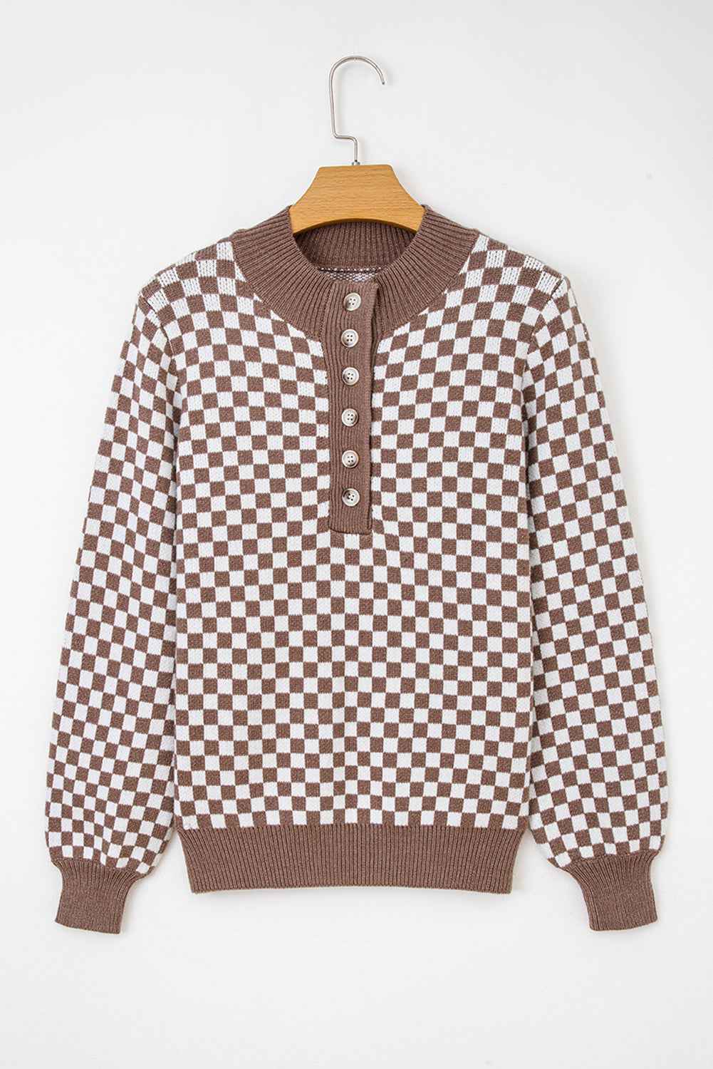 Dark Brown Plaid Contrast Trim Button Neck Sweater ba22d391aea89ba3