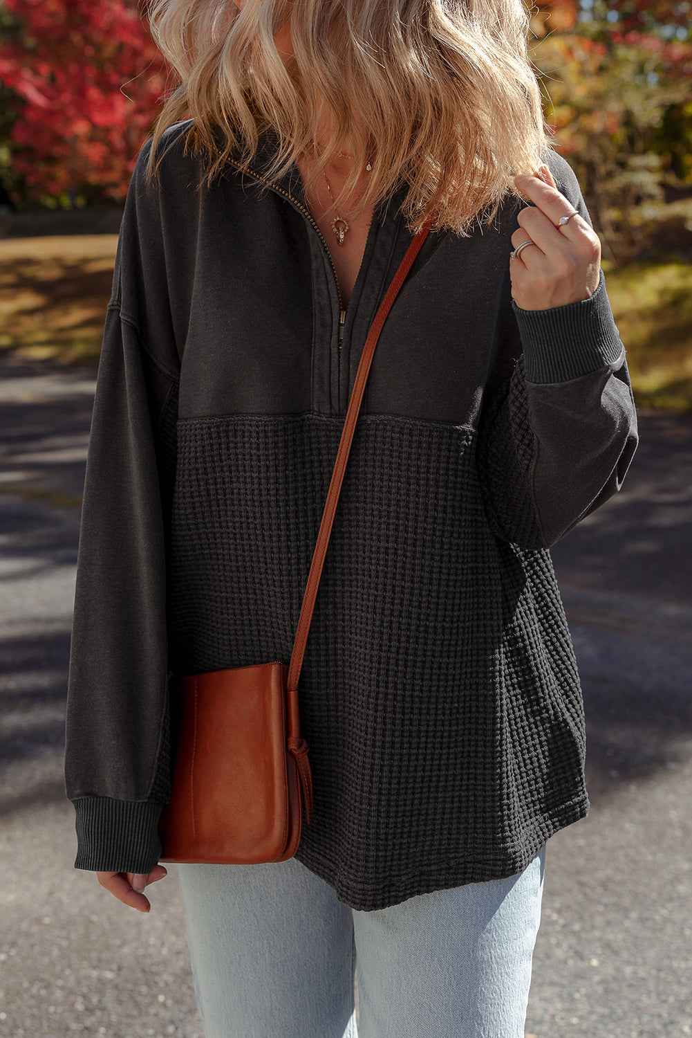Carbon Grey Waffle Knit Patchwork Half Zipped Casual Sweatshirt ba336be8ab1f01f5