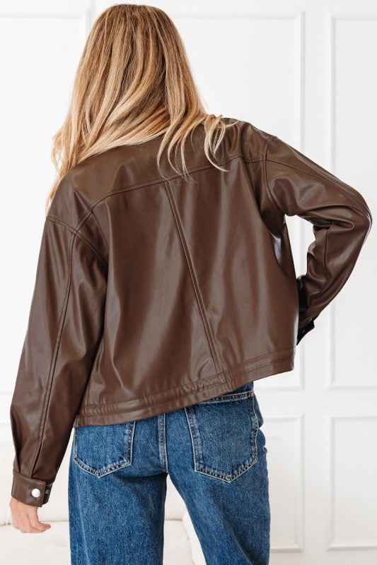 Leather Drawstring Hem Pocketed Jacket ba46abf9-524c-438f-bf8b-4a1522370815