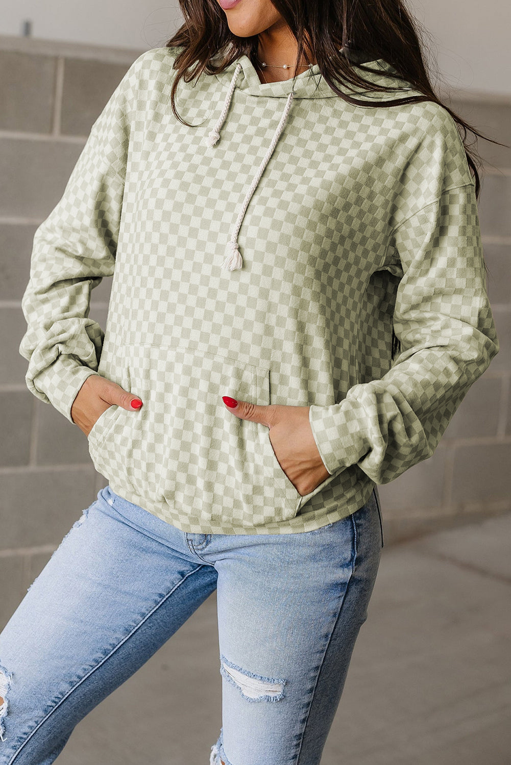 Green Checkered Kangaroo Pocket Hoodie ba477dc06c2c8323