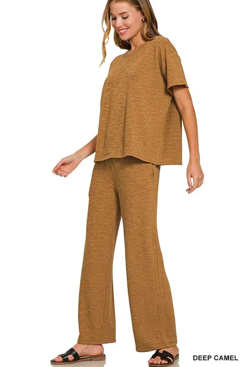 Zenana Slub Short Sleeve T-Shirt and Pants Set DEEP CAMEL ba50ac9560c84eeb9c38b6f6eae0f664-Max-Origin