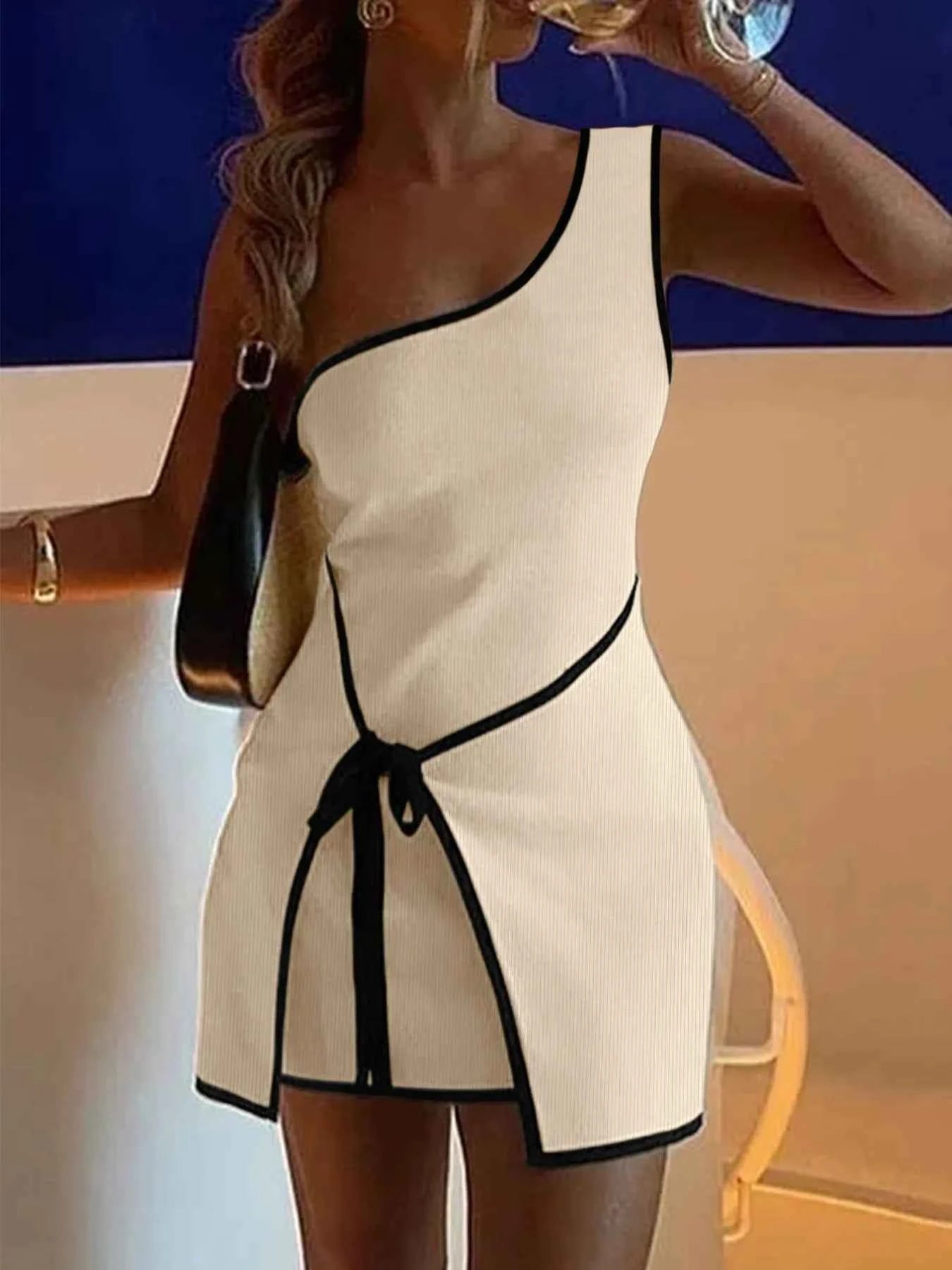 Contrast Trim Single Shoulder Mini Dress Tan ba642eb5-65f1-4adc-9cfe-2cf8860626d1-Max-Origin