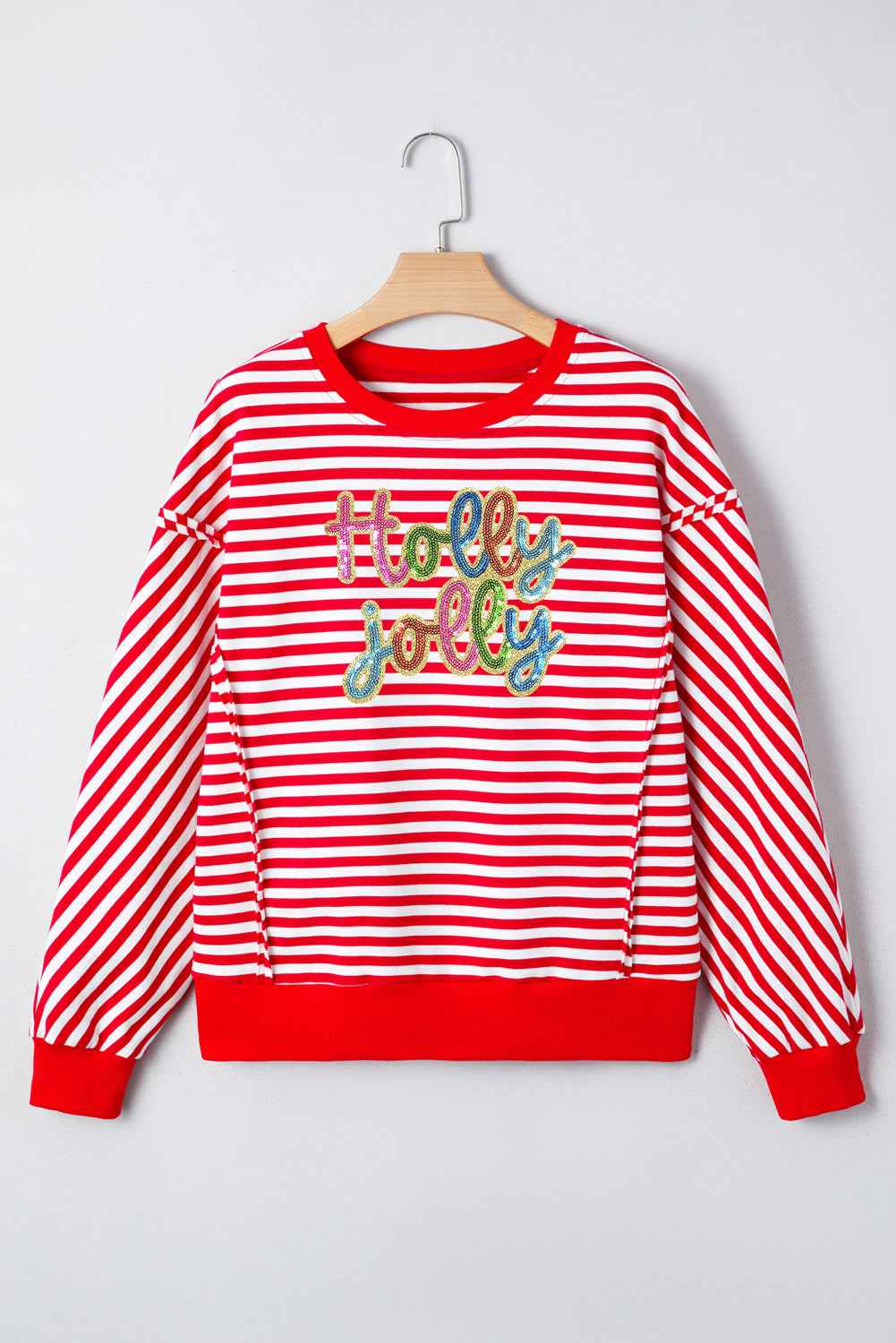 Red Stripe Holly Jolly Sequins Patch Drop Shoulder Long Sleeve Top ba8542d085b0a4f8
