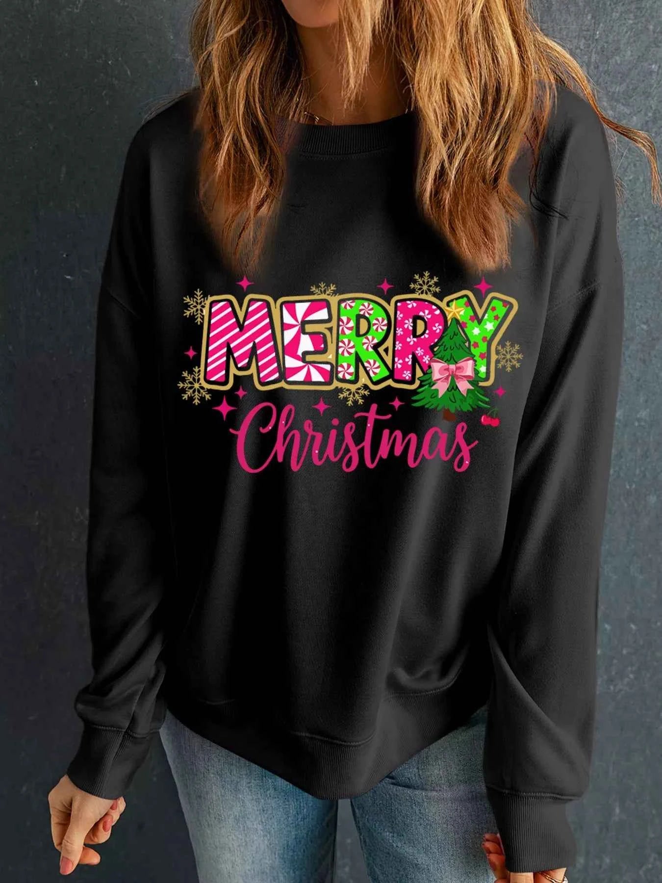 MERRY Christmas Letter Graphic Drop Shoulder Sweatshirt Black baac8246e4914888a26a40ff25a9d414-Max-Origin
