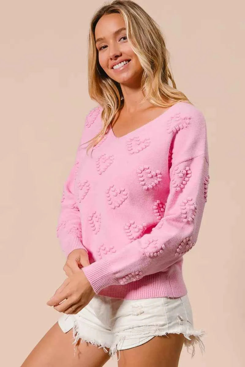 BiBi Valentines Heart Pompom V Neck Knit Top bafb14eda2d14d848269664937276c9a-Max-Origin