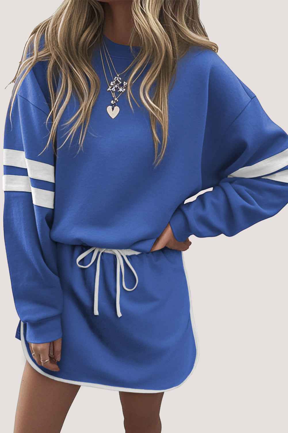 Evergreen Varsity Stripe Detail Drop Shoulder Pullover Mini Skort Set Sky Blue 65%Polyester+35%Cotton bb078707a8d4b524
