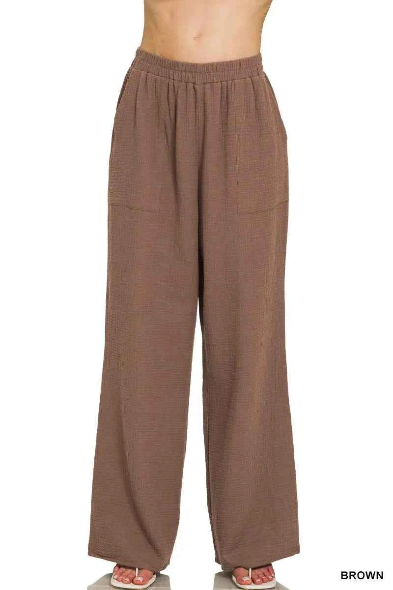 Zenana Double Gauze Elastic Band Pants BROWN bb40f2498c854b989af15af31cddd3af-Max-Origin