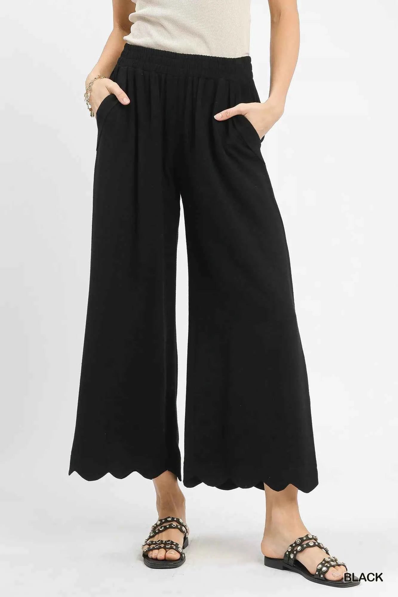 Umgee Linen Blend Scallop Hem Wide Leg Pants Black bb5705fb-9e9a-4438-8bb9-f617a7282507-Max-Origin