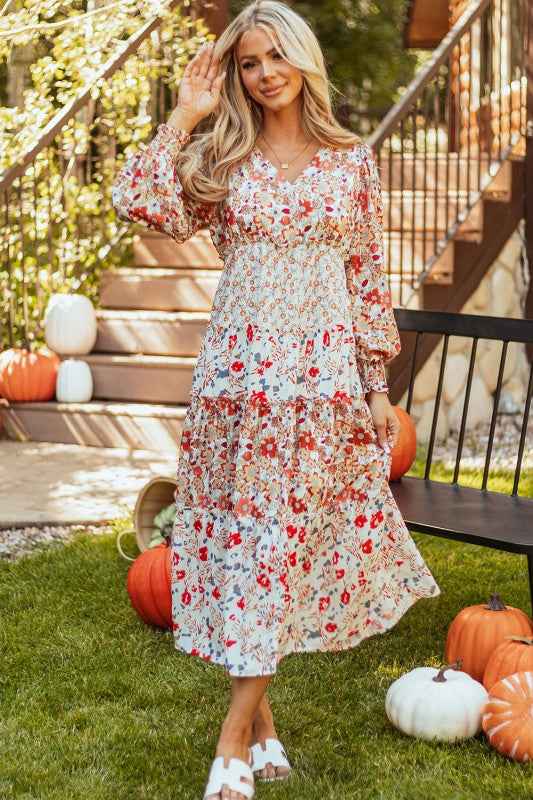 Floral V-Neck Ruffle Long Sleeve Midi Dress bbd8a6e7-8c1a-4cd6-8579-e5f818263e12