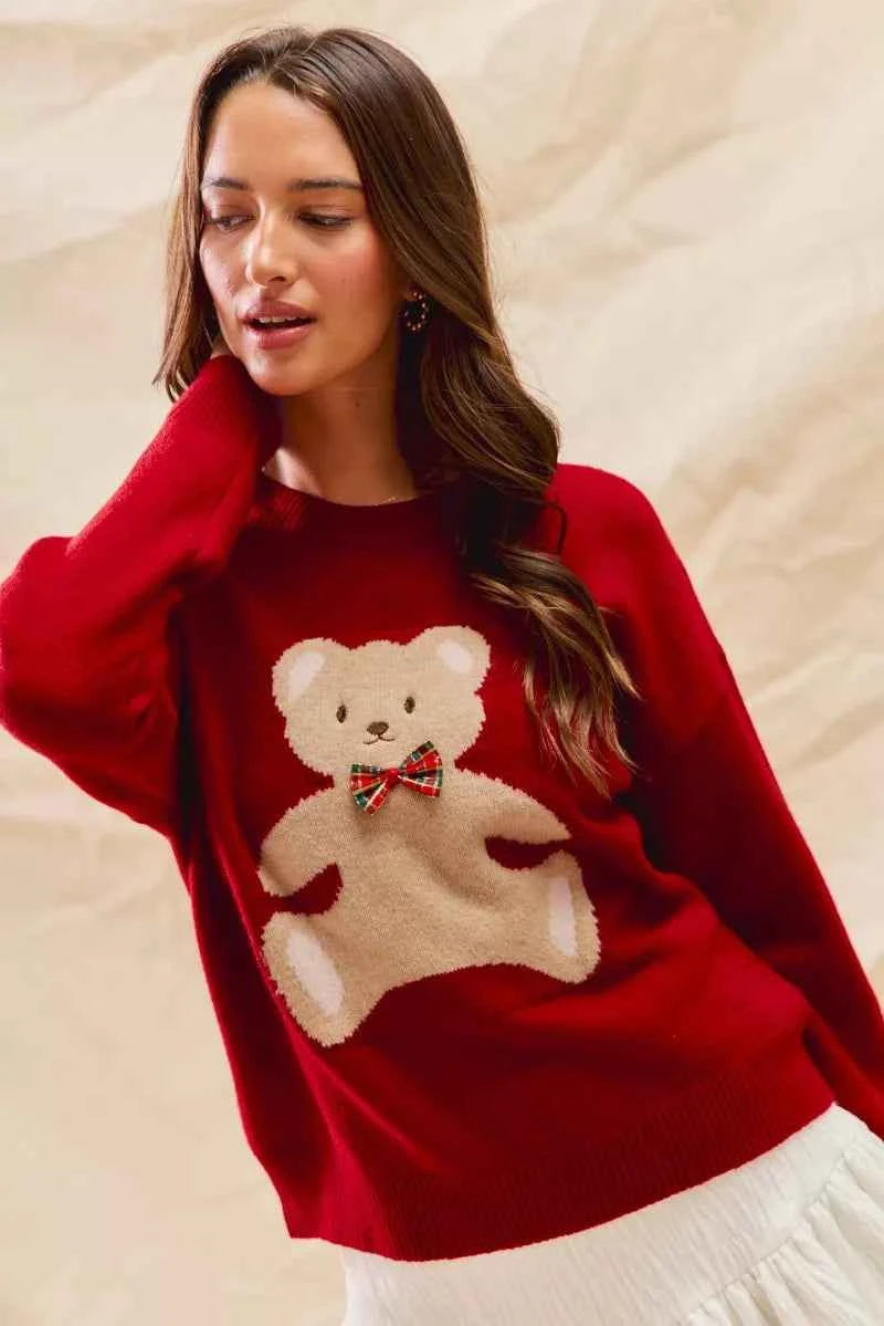 SO ME Teddy Bear With Check Ribbon Christmas Sweater bbea5f1ac1404685bcfb12ef11138897-Max-Origin
