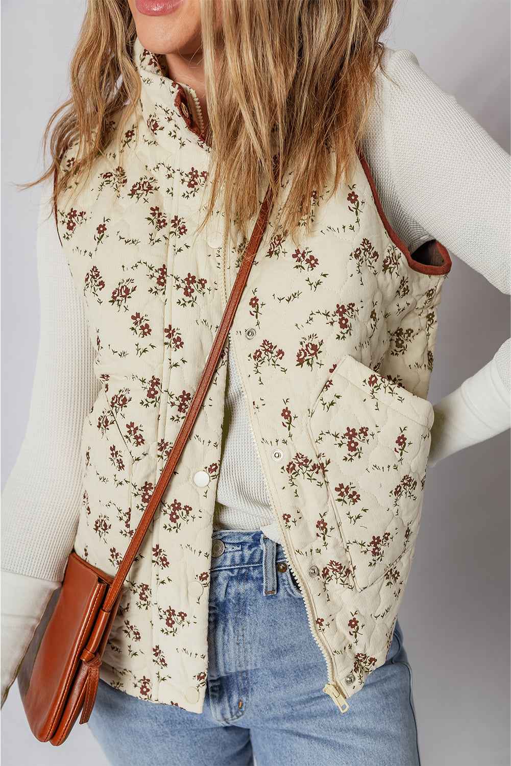 Apricot Floral Print Zip Up Quilted Warm Vest bc0d433b28188a6e