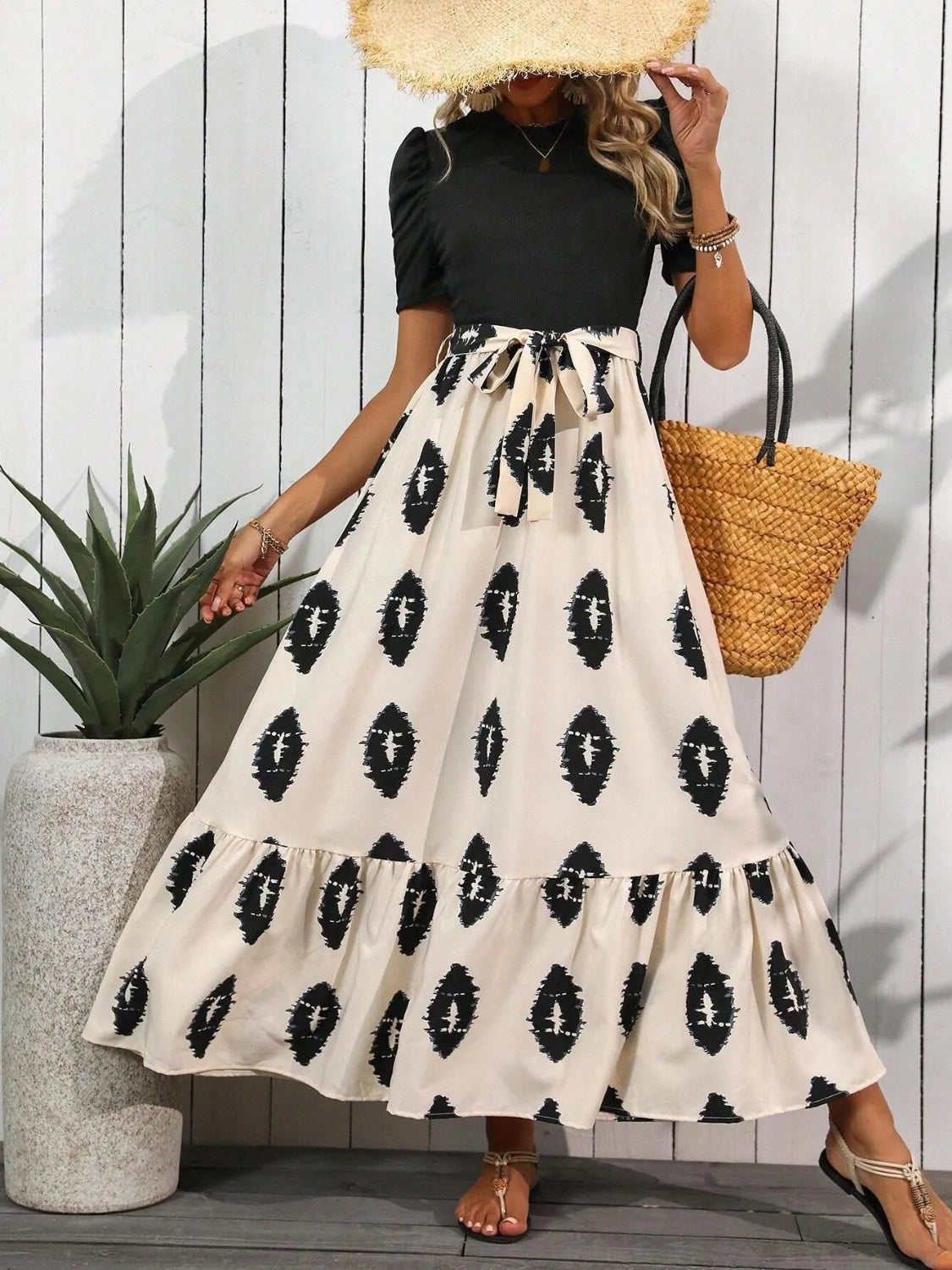 Printed Tie Waist Short Sleeve Maxi Dress Black bc69faa2-1a90-4cf5-9d69-1166b736ad14-Max-Origin