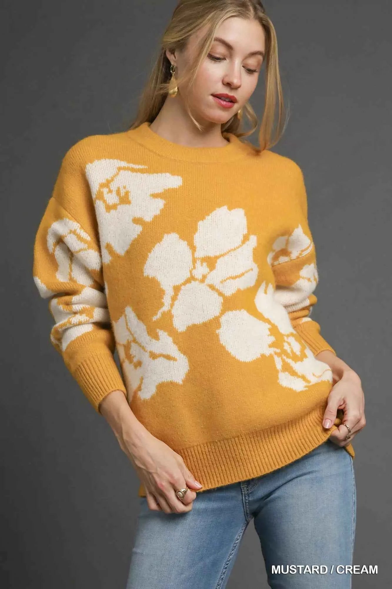 Umgee Floral Long Sleeve Sweater MUSTARD CREAM bc6c70be-1edc-459a-bd58-0cb94cc56eb8-Max-Origin