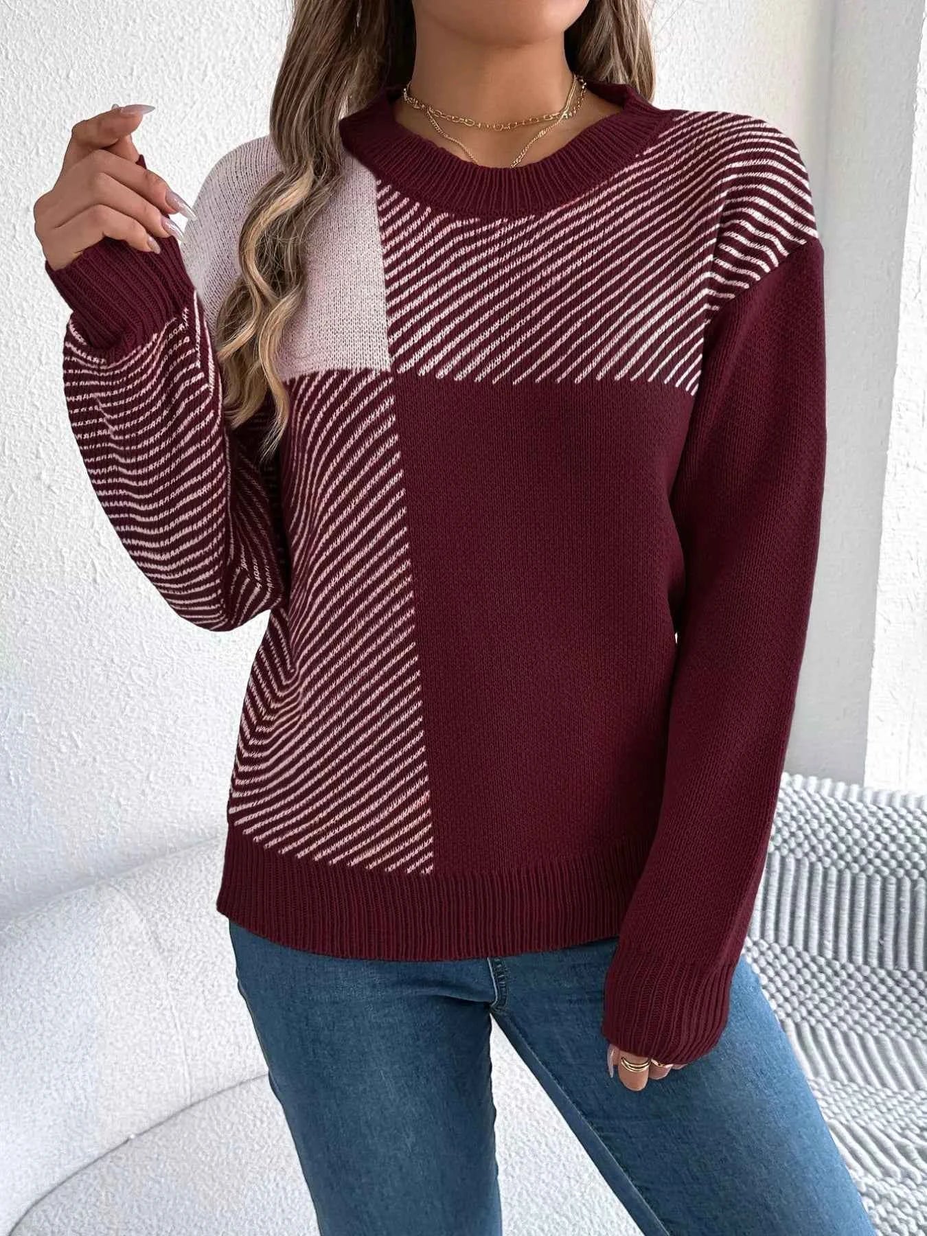 Color Block Striped Round Neck Sweater bc77f462-94ae-49e9-ada3-2f238cb2a85a-Max-Origin