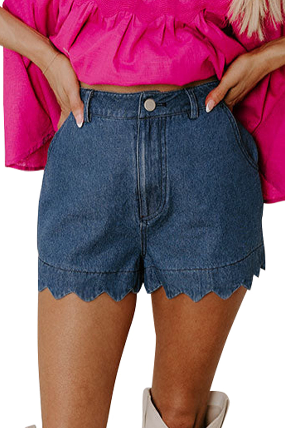 White Scalloped Hemline Light Wash Denim Shorts bc8aee88d0ad80be