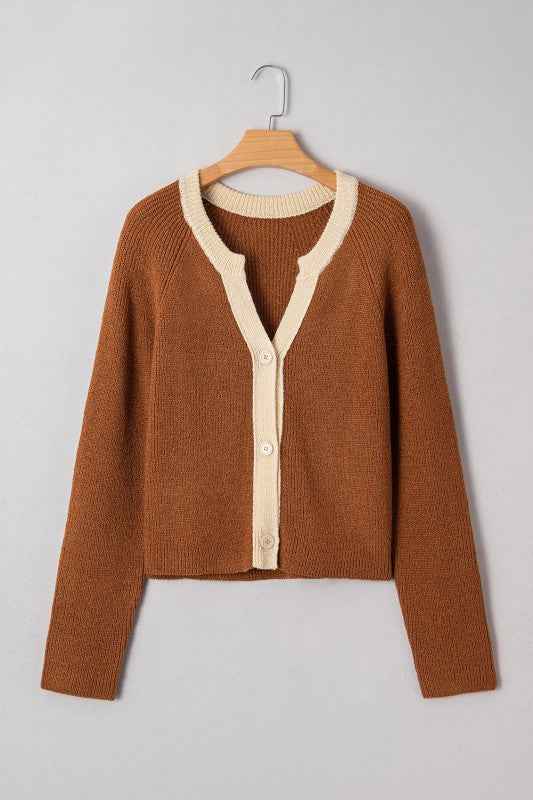 Contrast Trim Buttoned V-Neck Cropped Cardigan Chestnut bcbbde1f-7c43-432e-8e40-c58bfa6d6d18