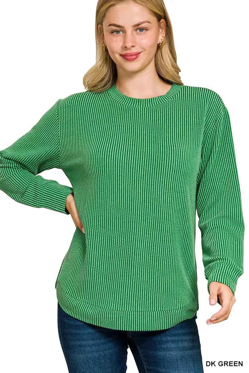Zenana Full Size Raised Rib Round Neck Long Sleeve Top Plus Size DK GREEN bcc07bdc1c4c47f89f9fcd5fd75a853a-Max-Origin