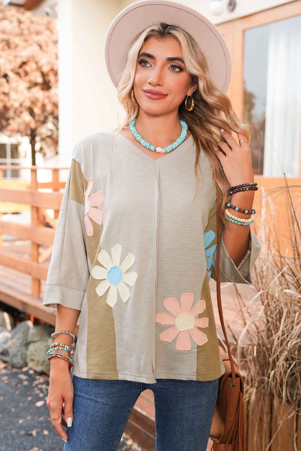 Light Blue Flower Patched Exposed Seam 3/4 Sleeve top Green 65%Polyester+35%Cotton bce68fab65b56641