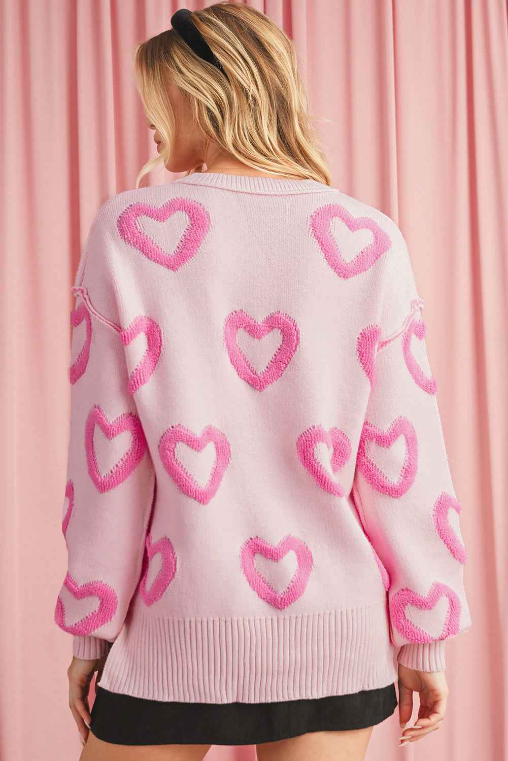Pink Heart Shape Bubble Sleeve Baggy Sweater bd0522faf2fb3f30