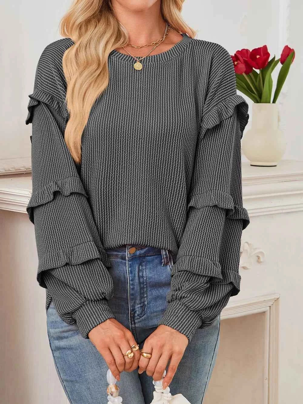 Round Neck Ruffled Long Sleeve Sweatshirt bd062a0772d3412b8756861ea1fe931a-Max