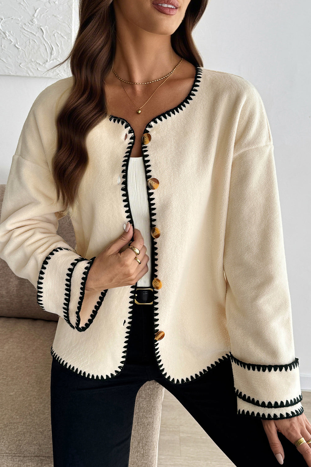 Apricot Contrast Trim Button Front Jacket bd28275f8b3b2591