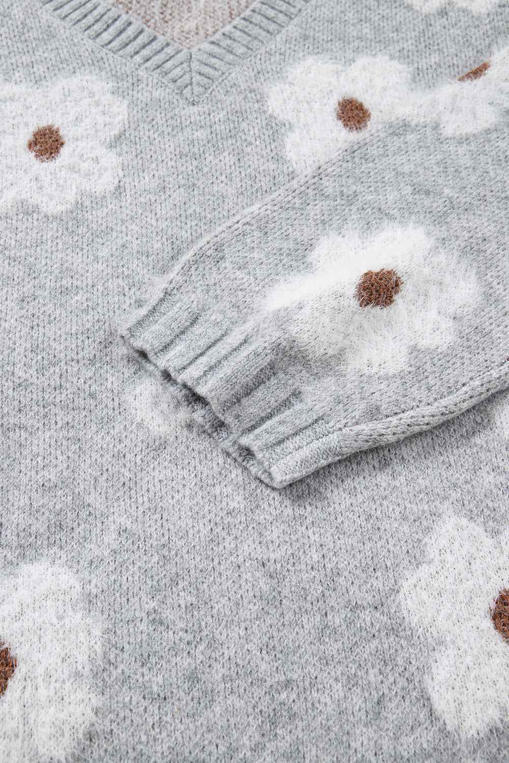 Gray Cute Flower Print V Neck Drop Shoulder Baggy Sweater bd398b9e464a8c9a