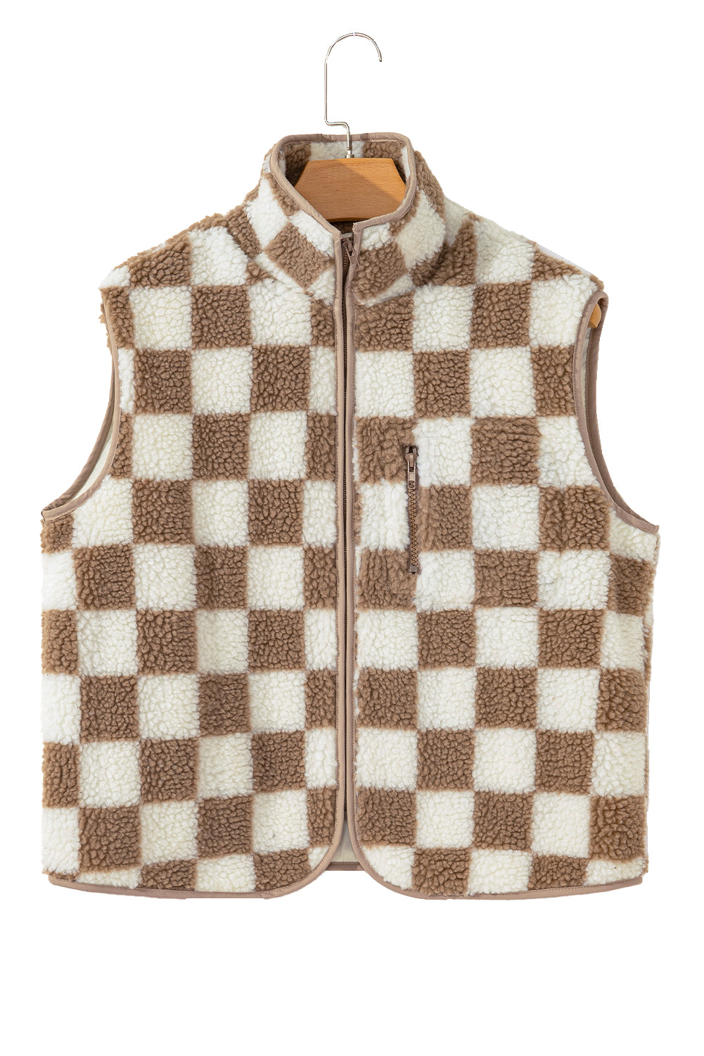 Khaki Checkered Sherpa Collared Jacket Vest bd472ce054854e02