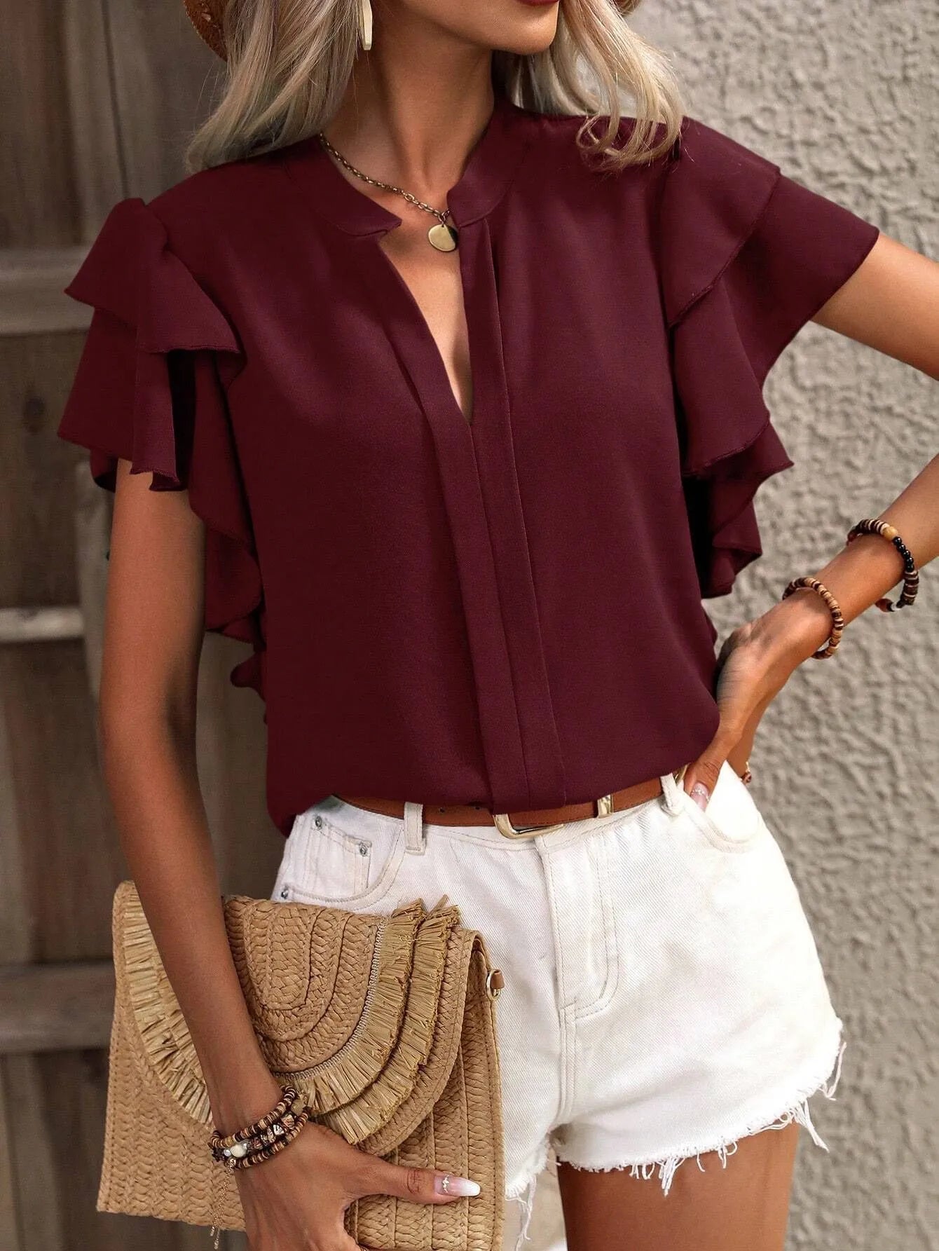 Ruffle Sleeve Notched Blouse Burgundy bd6f4928-7029-4b04-9533-2c4915de4a05-Max-Origin