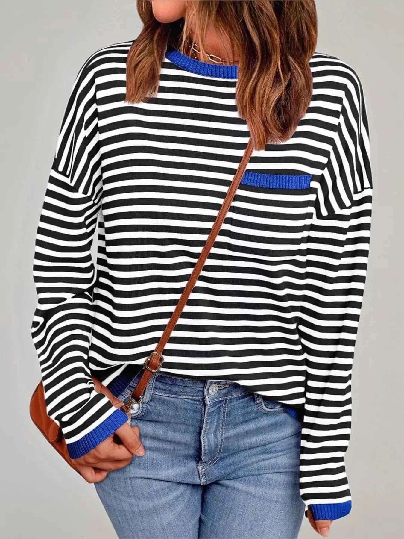 Striped Round Neck Long Sleeve Knit Top Royal Blue bdc02edec56848b389d566e88e846477-Max-Origin