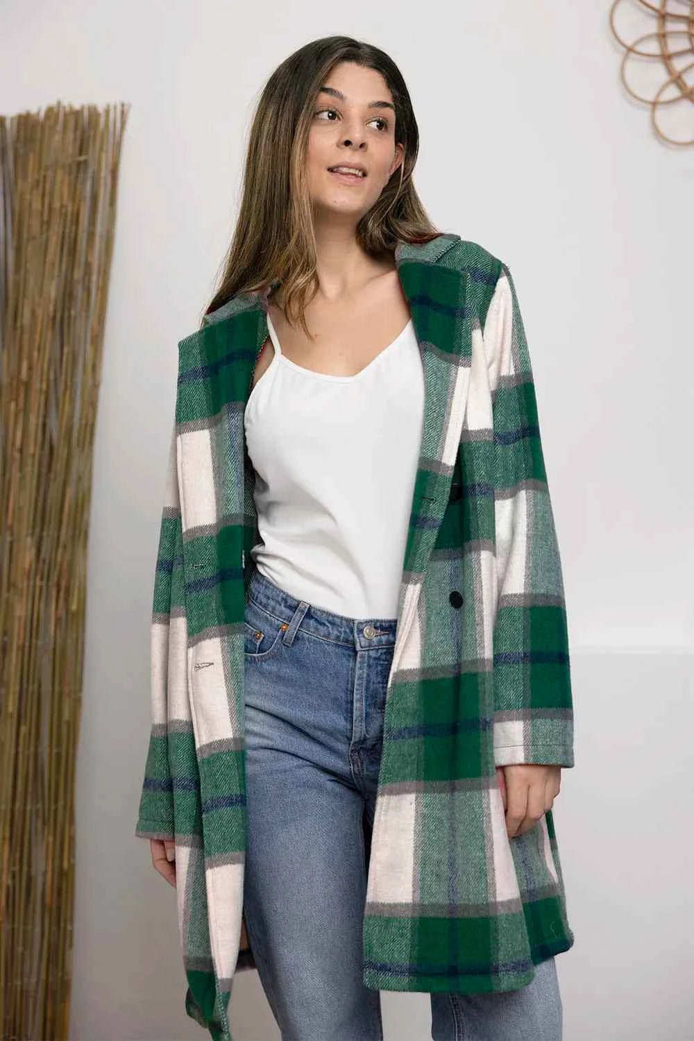 Double Take Full Size Plaid Button Up Lapel Collar Coat Green bdd33974ecf143fc90e63ffe3d461db0-Max