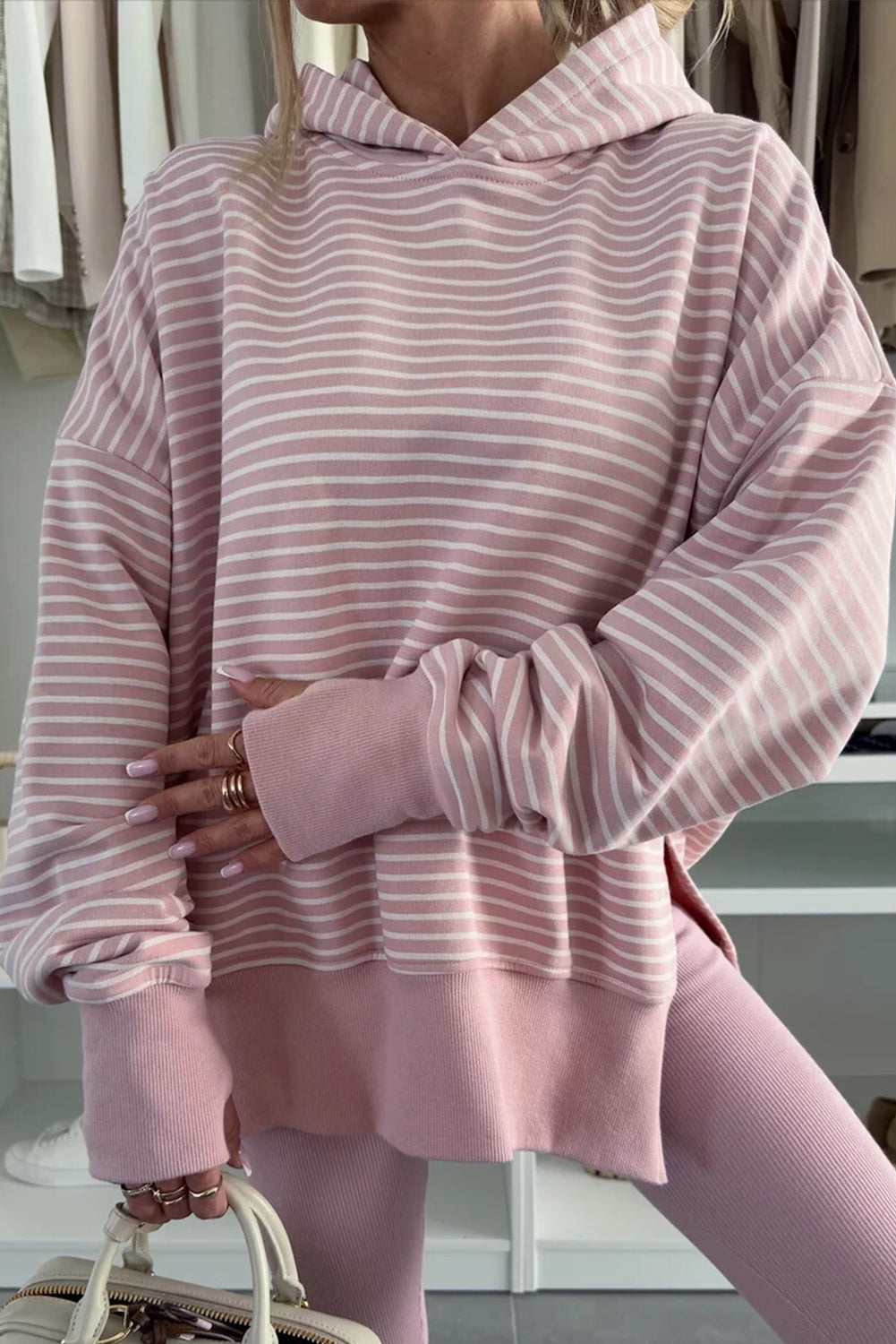 Rose Stripe Thumbhole Side Slits Drop Shoulder Loose Fit Hoodie Purple Stripe 95%Cotton+5%Elastane bde79e586d31ba0a