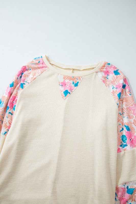 Plus Size Floral Patchwork Sleeve Crewneck Top bdec8df0-74b1-4bd1-b804-6ebc09f76d31