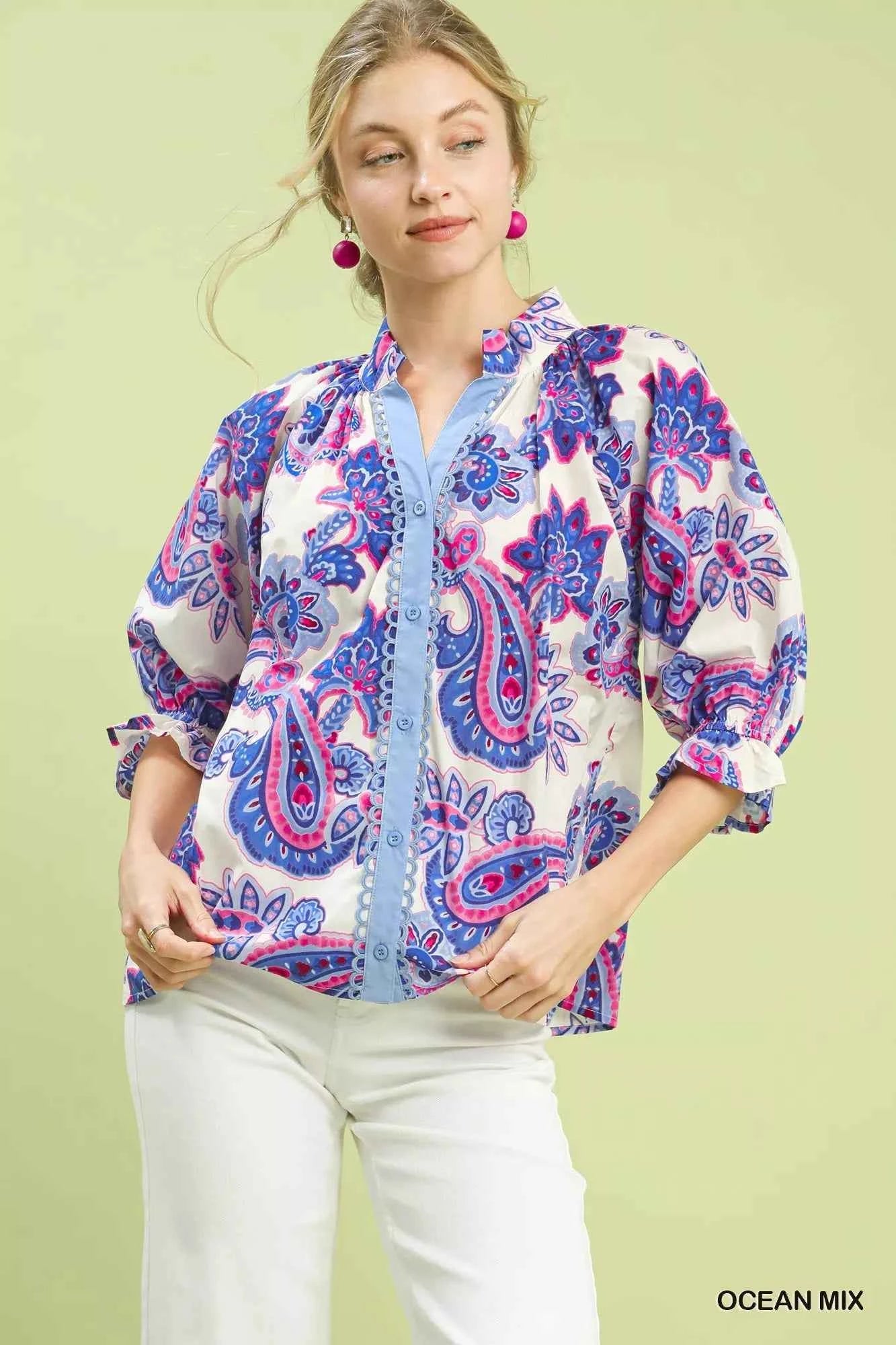 Umgee Paisley Print Button Front Blouse with Scallop Trim Detail OCEAN MIX bdf388d9-4a1c-4f89-bbc2-a13f2b405923-Max-Origin