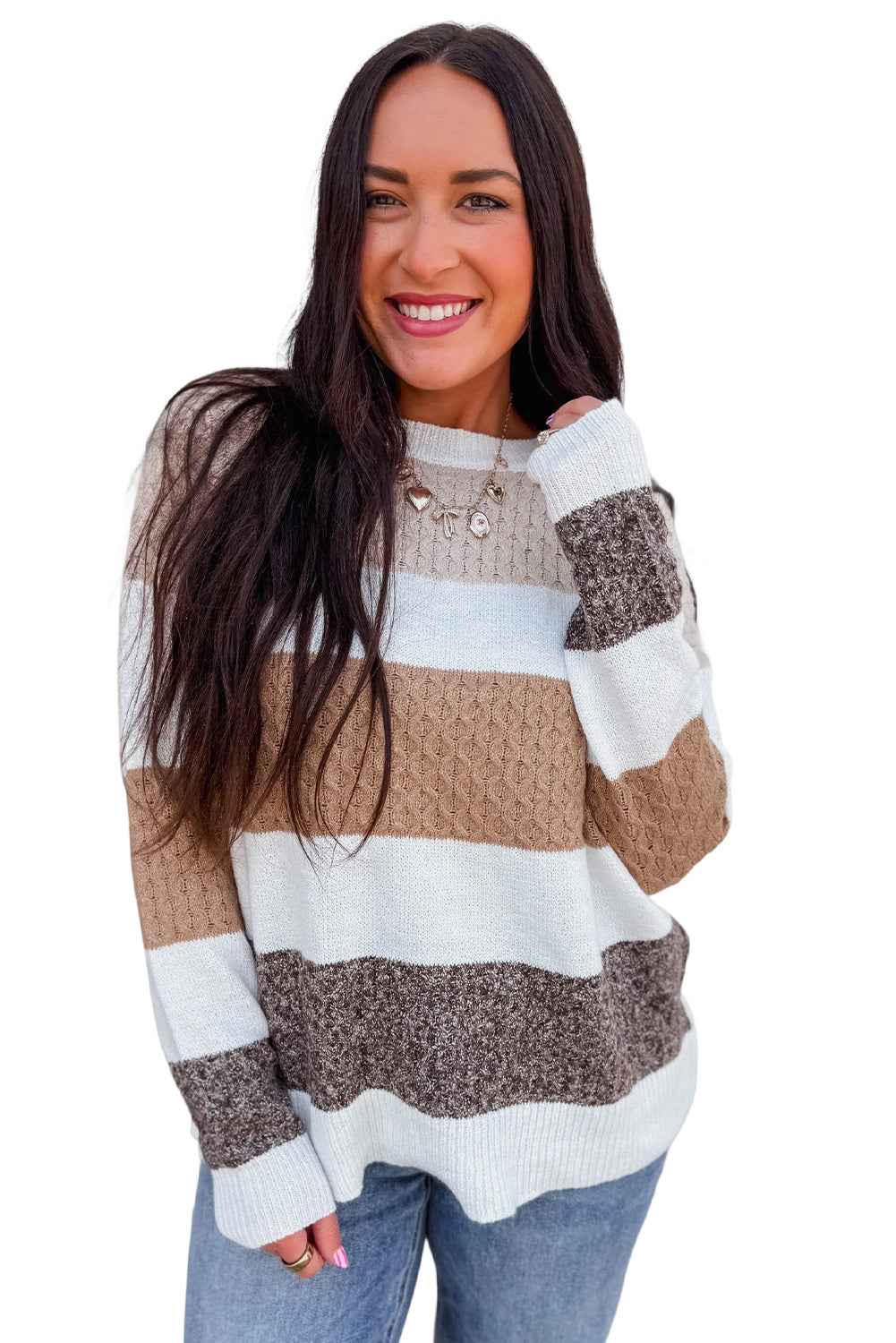 Brown Mixed Texture Knit Striped Colorblock Loose Sweater bdf488195bbe884c