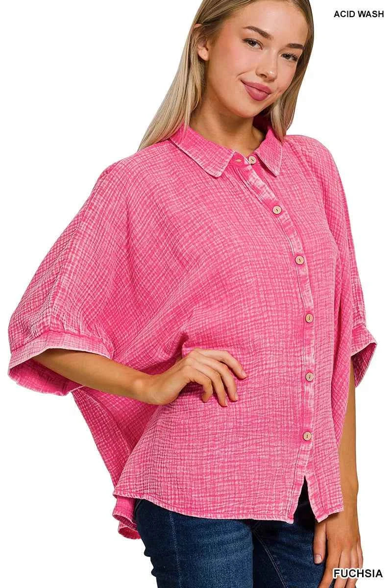 Zenana Washed Double Gauze Button Down Half Sleeve Shirt FUCHSIA be037e5cb26142409f7c11b93e71746c-Max-Origin